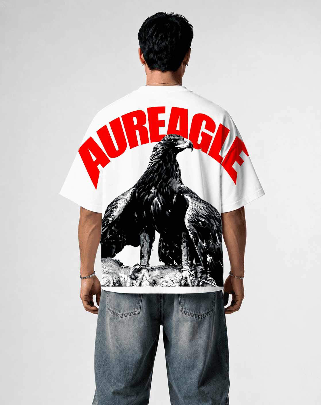 Back view of the Apex Eagle Oversized Tee showing the large monochrome eagle print